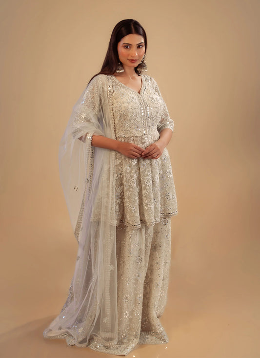 Hand Embroidery Ivory Peplum Top With Heavy Sharara