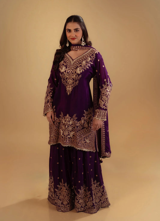 Hand Emboidery Purple Sharara Set