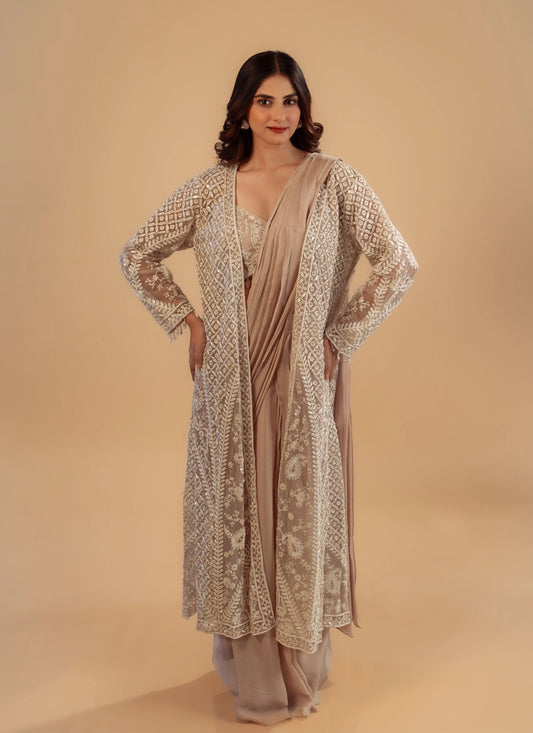 Hand Embroidery Rose Gold Long Jacket With Bustier And Drape Saree Set