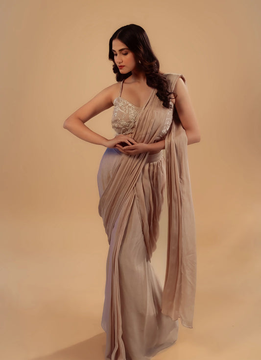 Hand Embroidery Rose Gold Long Jacket With Bustier And Drape Saree Set
