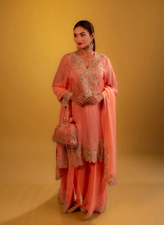 Hand Embroidery Silver Zari Peach Kurta With Bustier And Sharara
