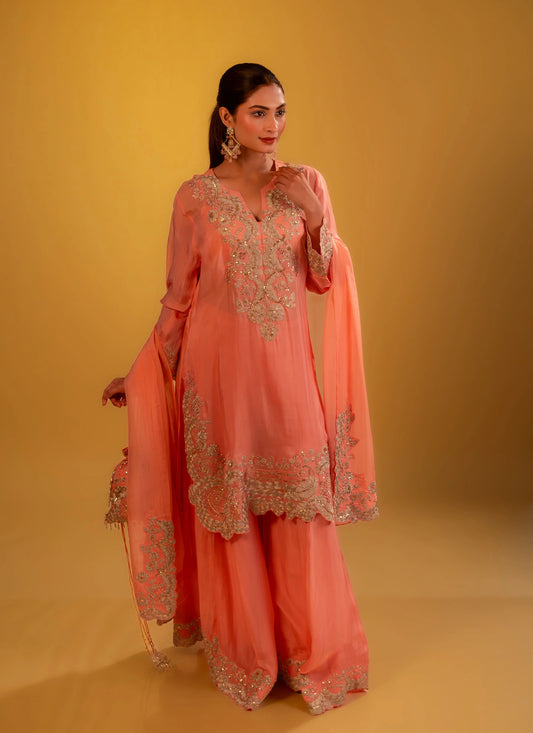 Hand Embroidery Silver Zari Peach Kurta With Bustier And Sharara