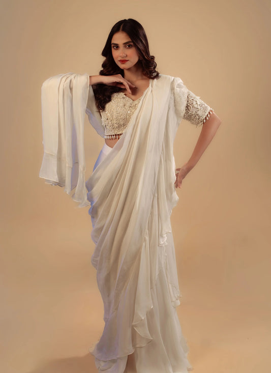 Hand Embroidery Ivory Drape Saree With Heavy Blouse