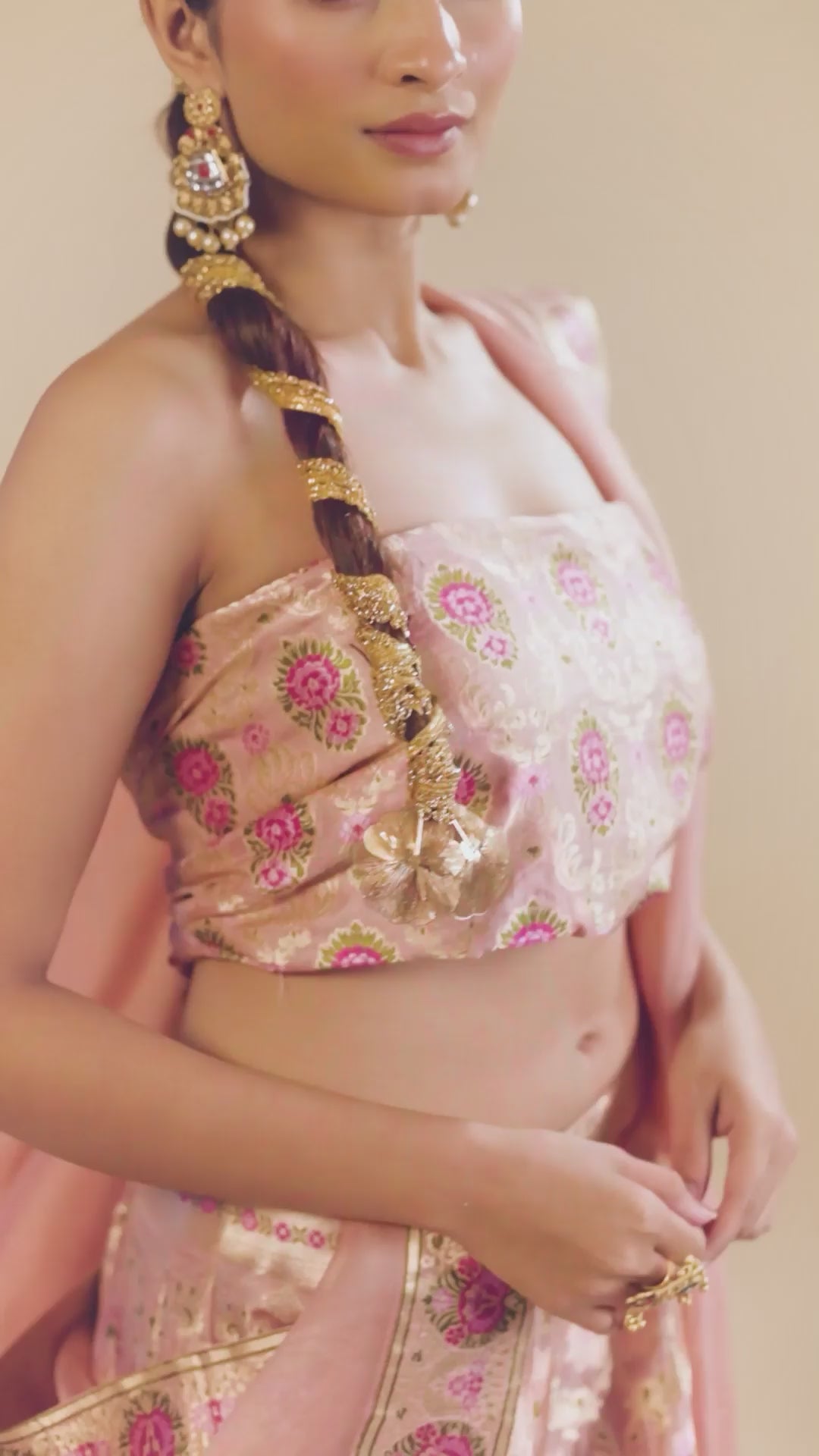 Deep Peach Kimkhab Banarasi Brocade Handwoven Fabric Lightweight Lehenga Set