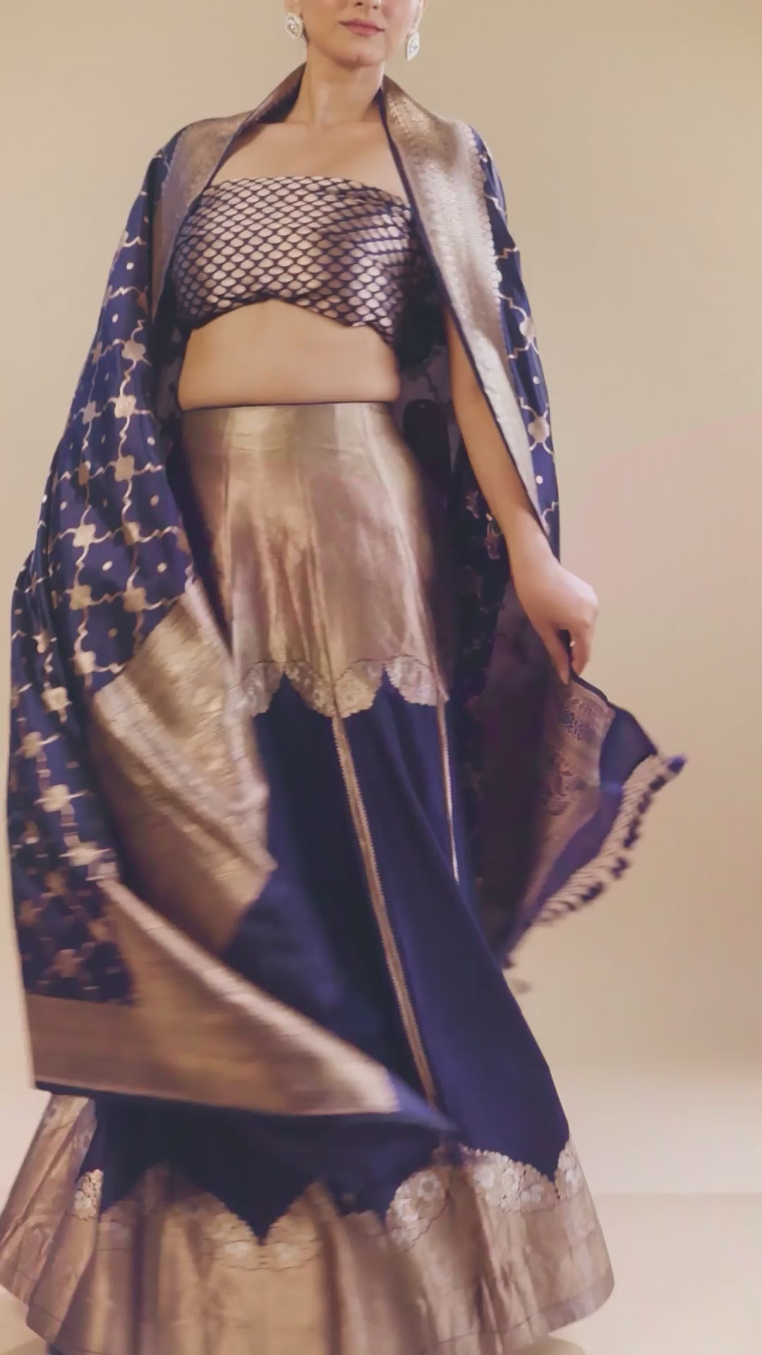 Navy Ink Blue Banarasi Brocade Handwoven Fabric Lightweight Lehenga Set