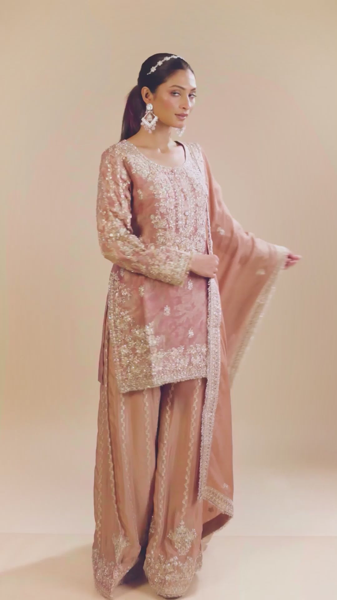 Hand Embroidery Onion Pink Tissue Kurta With Heavy Sharara And Dupatta