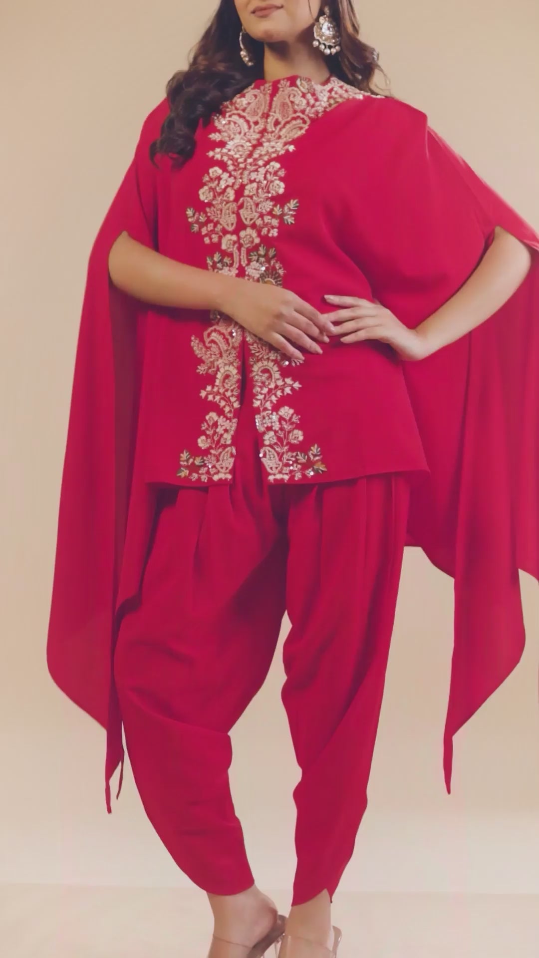 Hand Embroidery Red Cape With Dhoti Style Pant