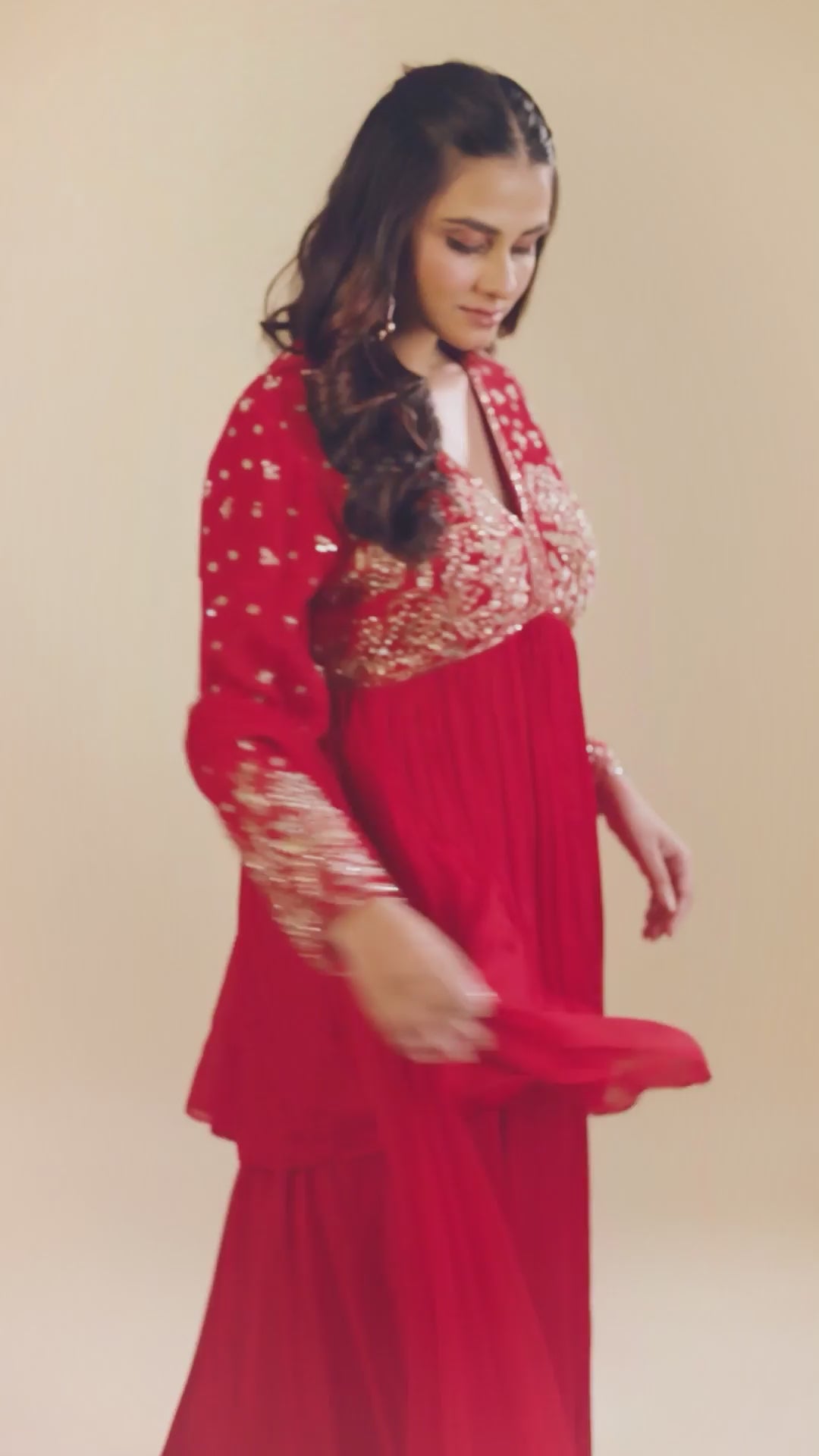 Hand Embroidery Red Peplum Top With Heavy Sharara And Dupatta