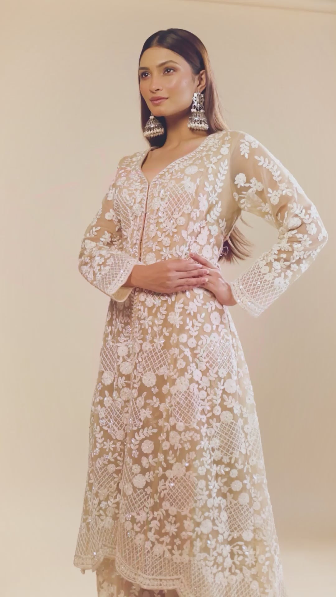 Heavy Embroidery Ivory Long Jacket With Bustier And Flared Sharara