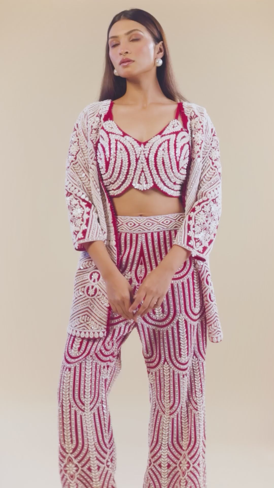 Heavy Embroidery Red Jacket With Bustier And Flared Pant