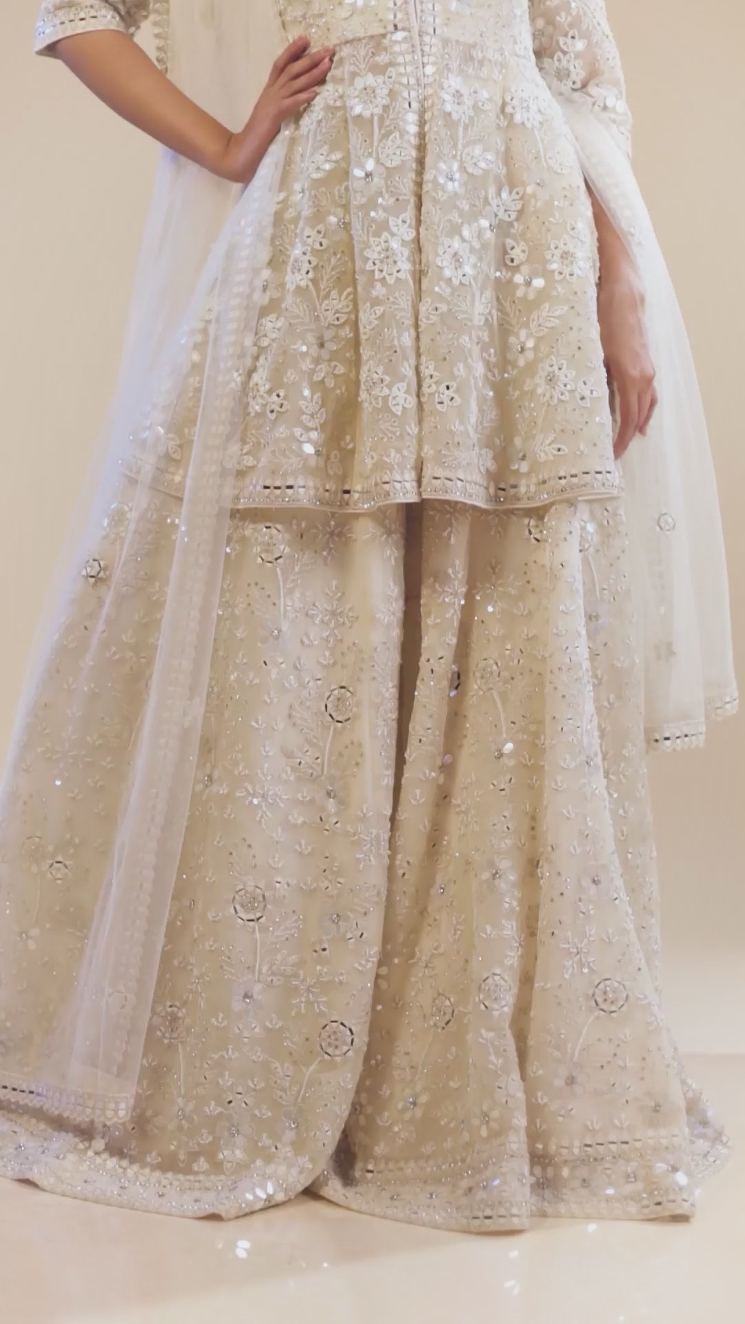Hand Embroidery Ivory Peplum Top With Heavy Sharara