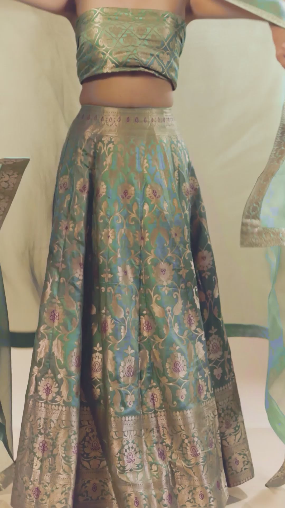 Powder Blue Kimkhab Banarasi Brocade Handwoven Fabric Lightweight Lehenga Set