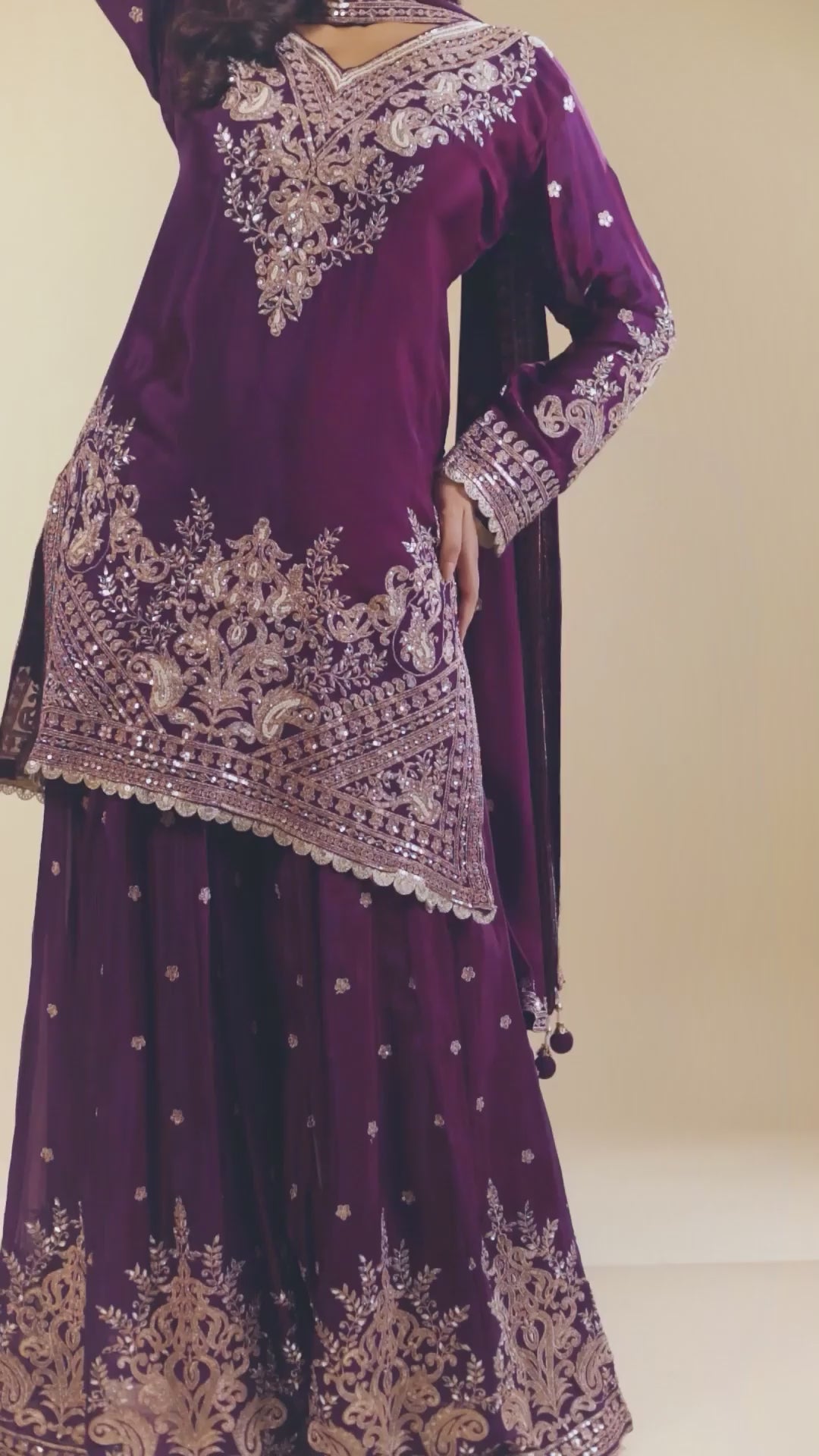 Hand Emboidery Purple Sharara Set