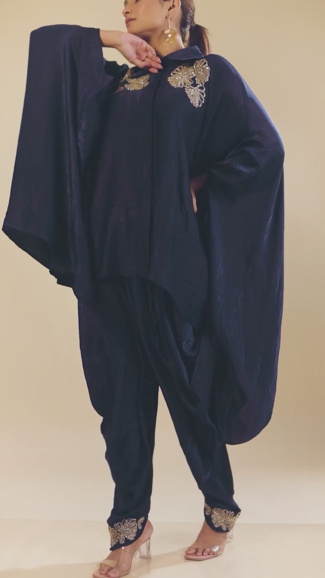 Hand Embroidery Navy Blue Cape With Dhoti Style Pant