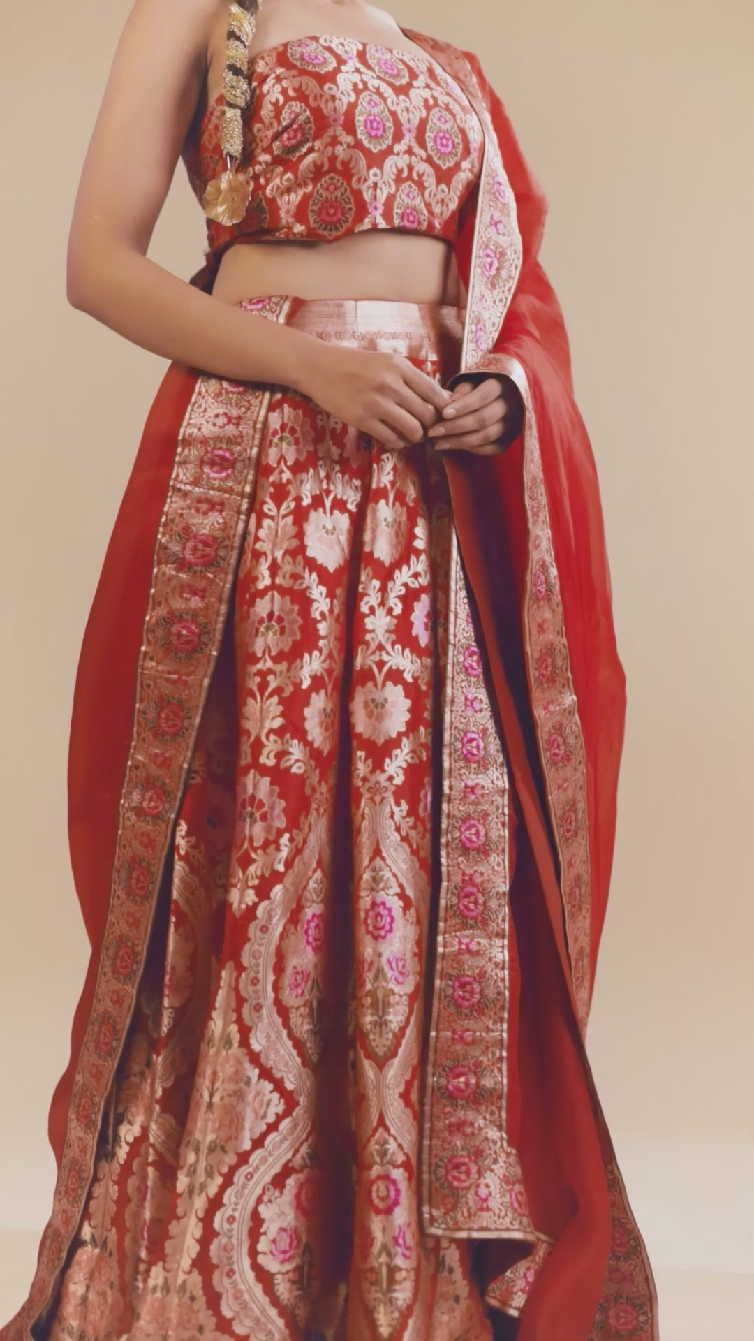 Red Kimkhab Banarasi Brocade Handwoven Fabric Lightweight Lehenga Set