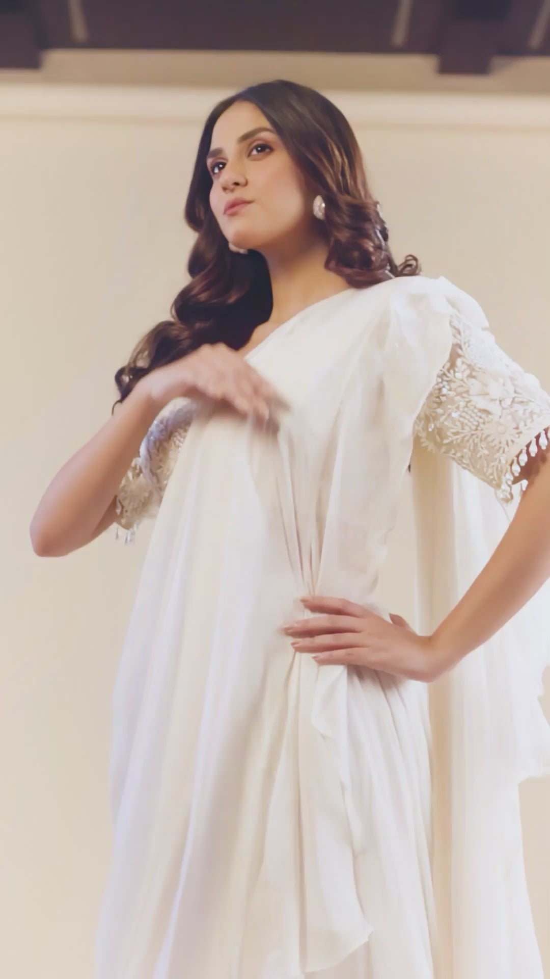 Hand Embroidery Ivory Drape Saree With Heavy Blouse