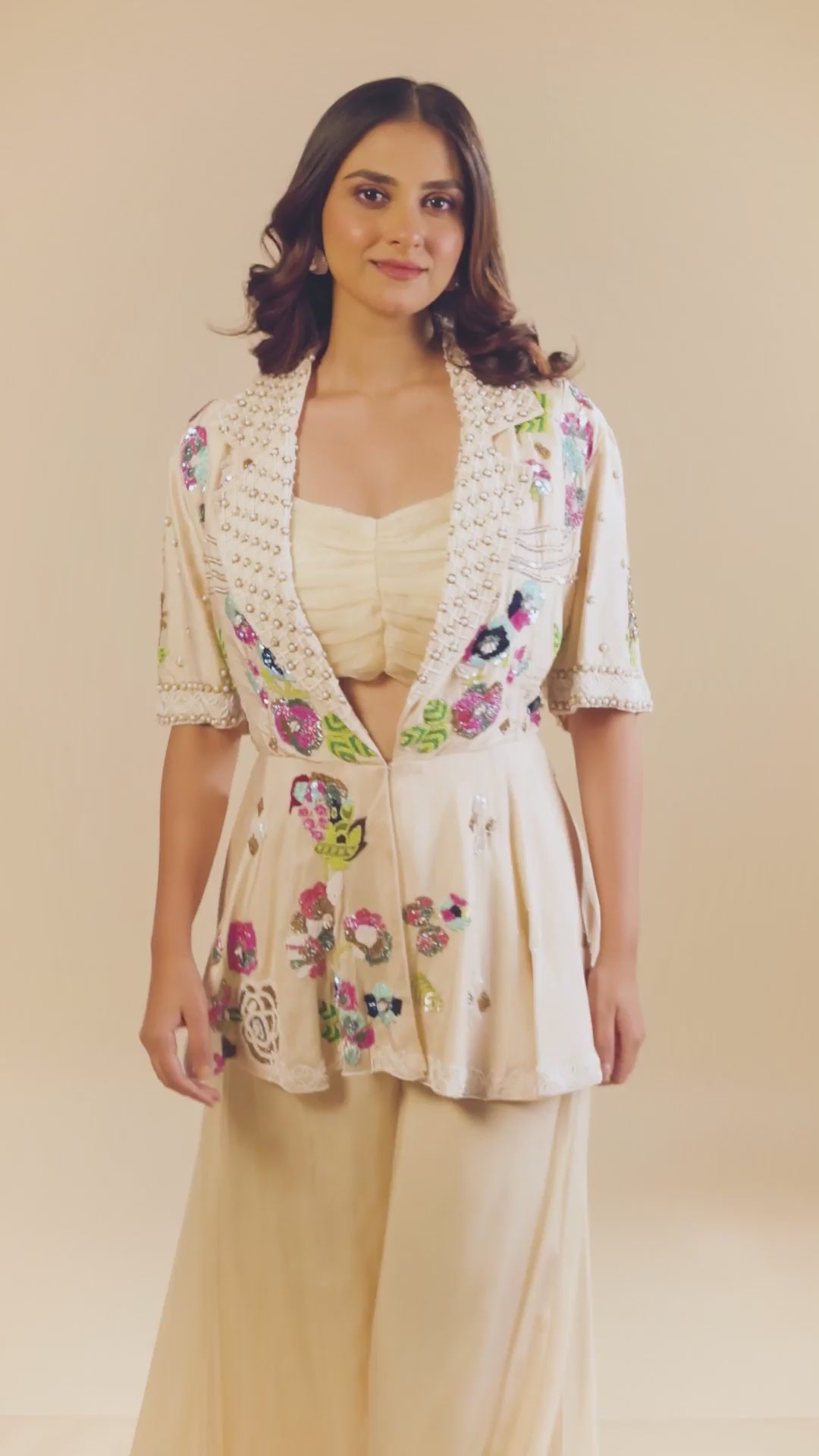 Hand Embroidery Ivory Peplum Top With Bustier And Flared Bottom