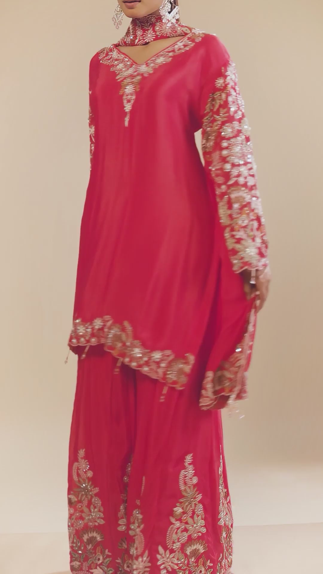 Hand Embroidery Coral Kurta With Heavy Sharara And Dupatta