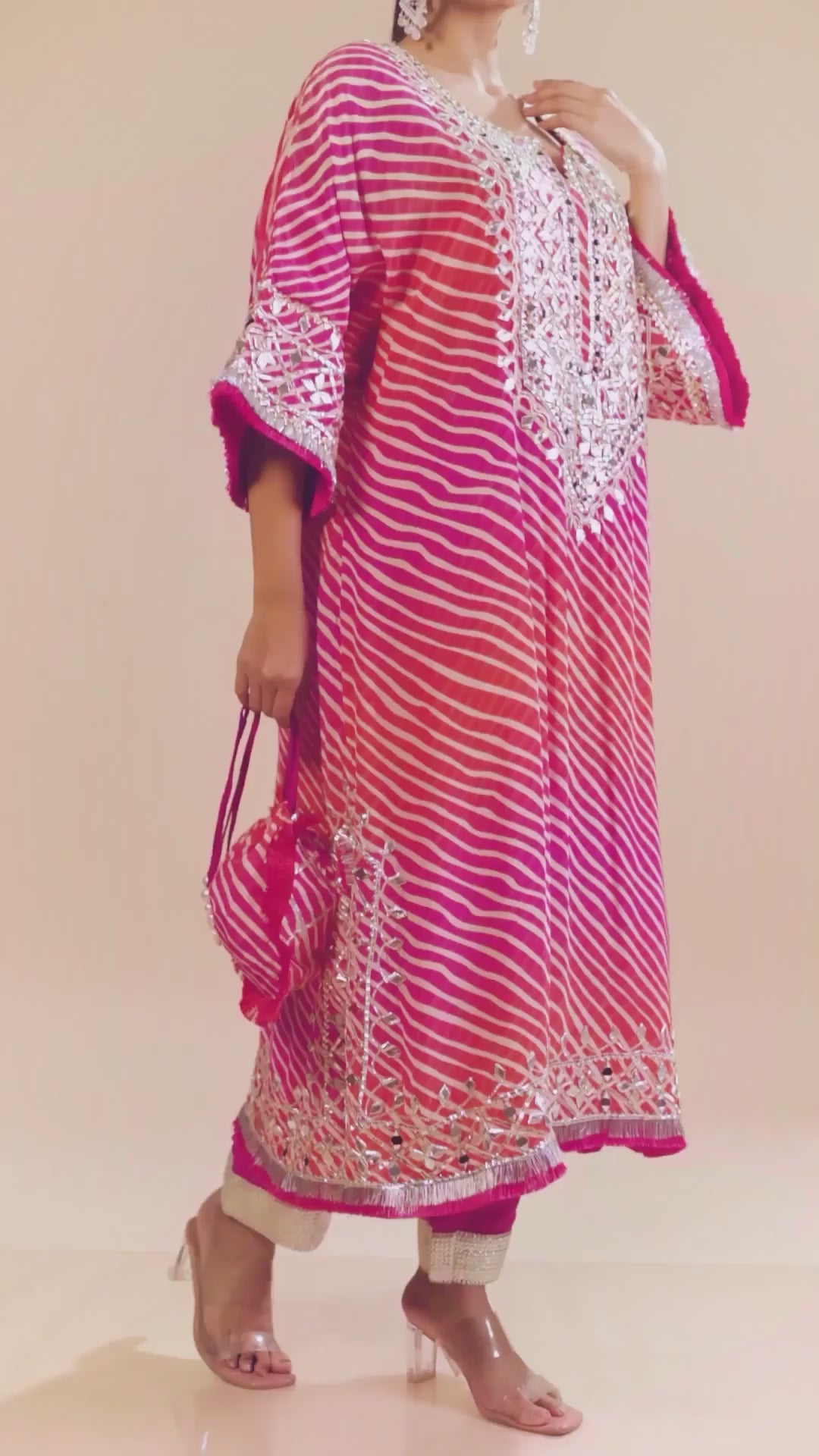 Pink Lehraiya Kaftan Set With Gotta Patti Work